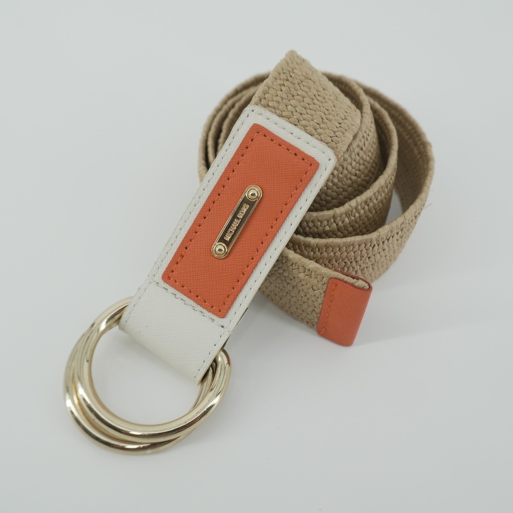 Michael Kors Woven Belt Womens L Tan White Orange Leather Boho Gold D-Ring